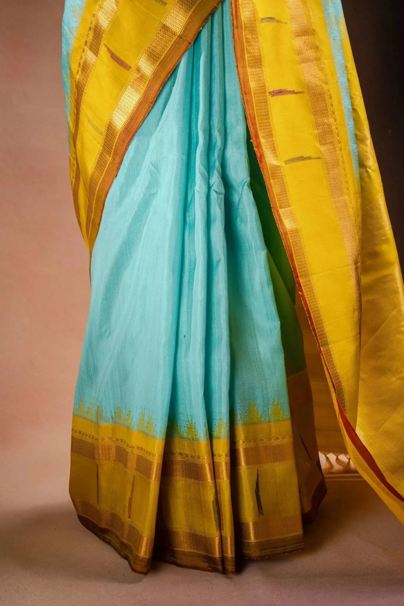 Gadwal Silk Sky Blue with Mustard Border Saree that-saree-shop.myshopify.com
