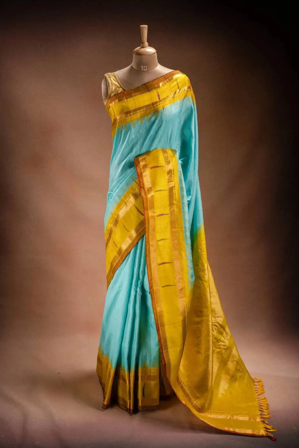 Gadwal Silk Sky Blue with Mustard Border Saree that-saree-shop.myshopify.com