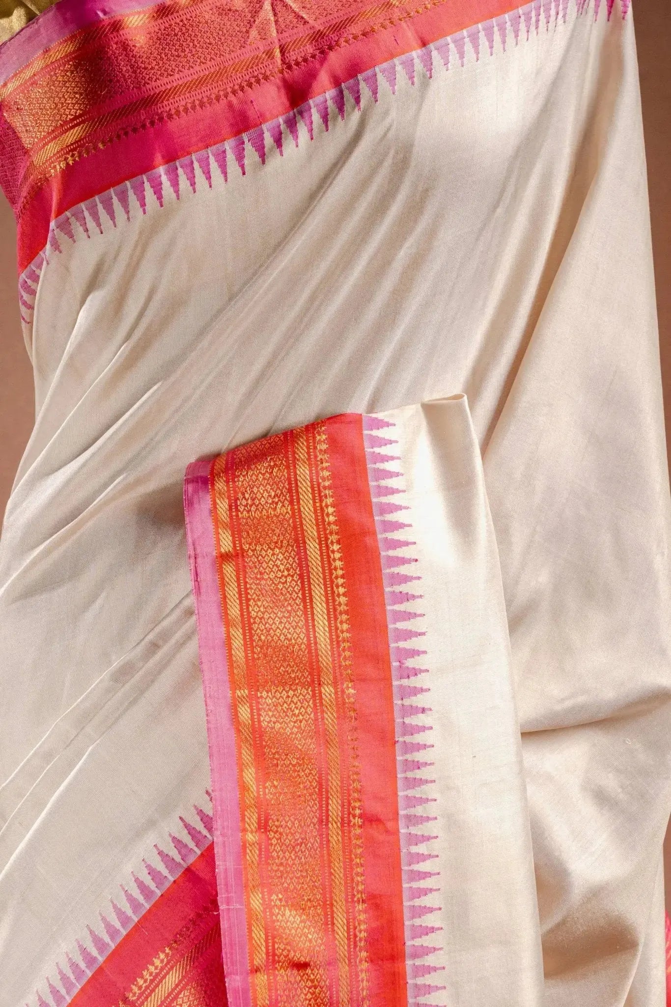 Gadwal Silk White with Orange and Pink Border Saree that-saree-shop.myshopify.com
