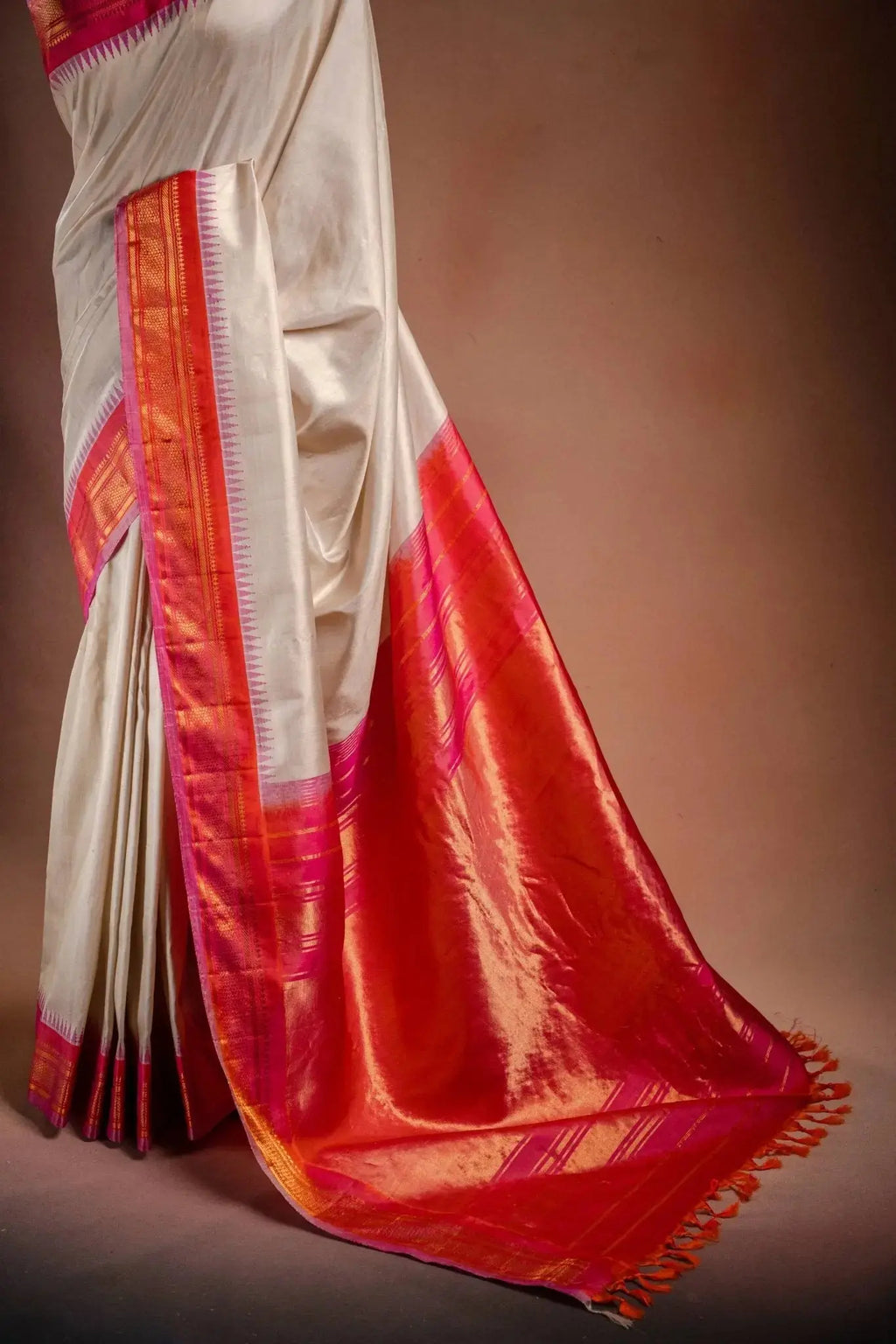 Gadwal Silk White with Orange and Pink Border Saree that-saree-shop.myshopify.com