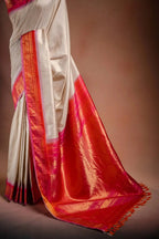 Gadwal Silk White with Orange and Pink Border Saree that-saree-shop.myshopify.com