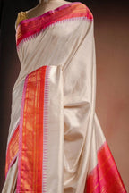 Gadwal Silk White with Orange and Pink Border Saree that-saree-shop.myshopify.com