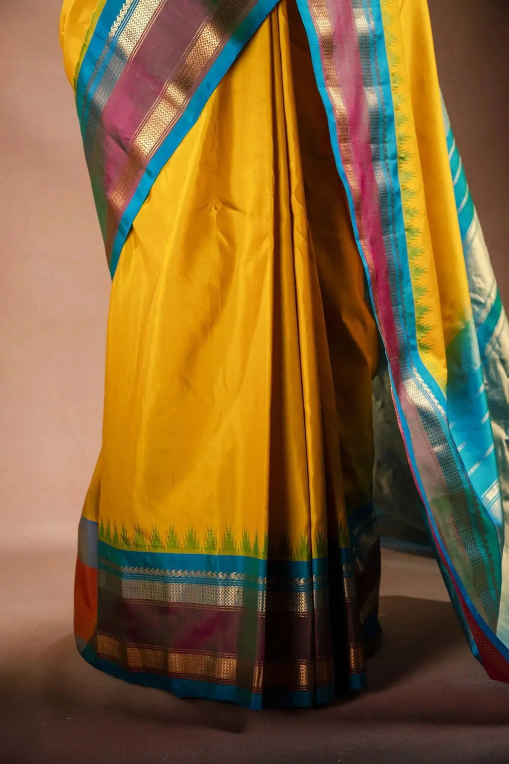 Gadwal Silk Yellow with Blue Border Saree that-saree-shop.myshopify.com