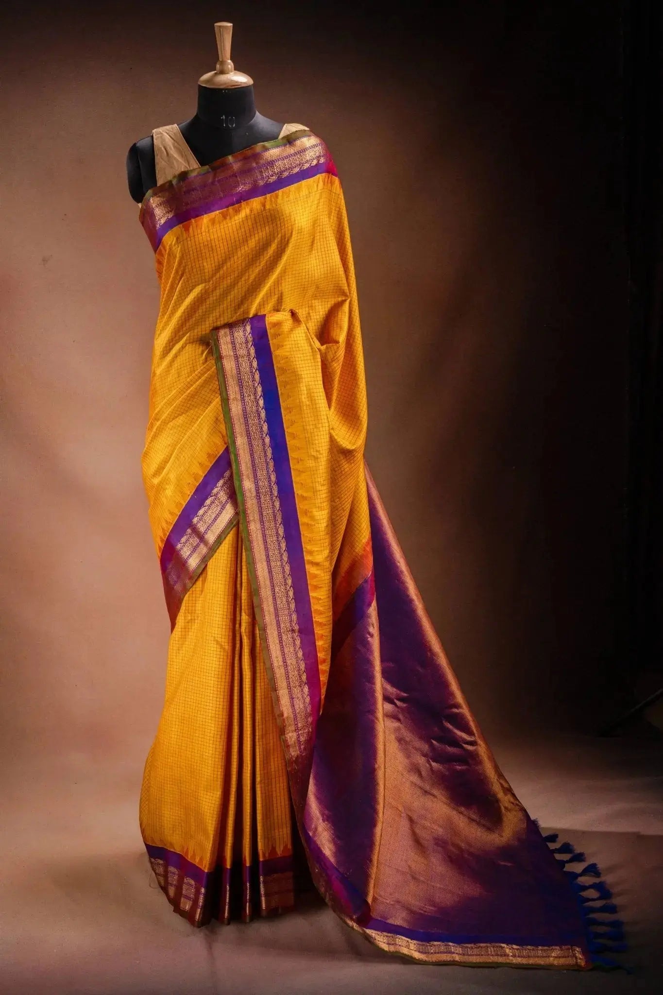 Gadwal Silk Yellow with Purple Border Saree that-saree-shop.myshopify.com