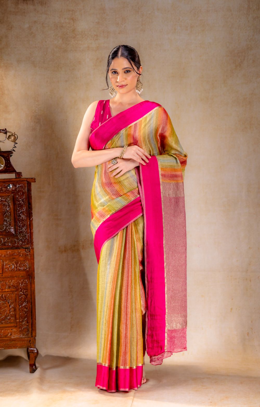 Rainbow Stripe Tissue Silk Saree with Gold Zari Lines and Pink Contrast Border