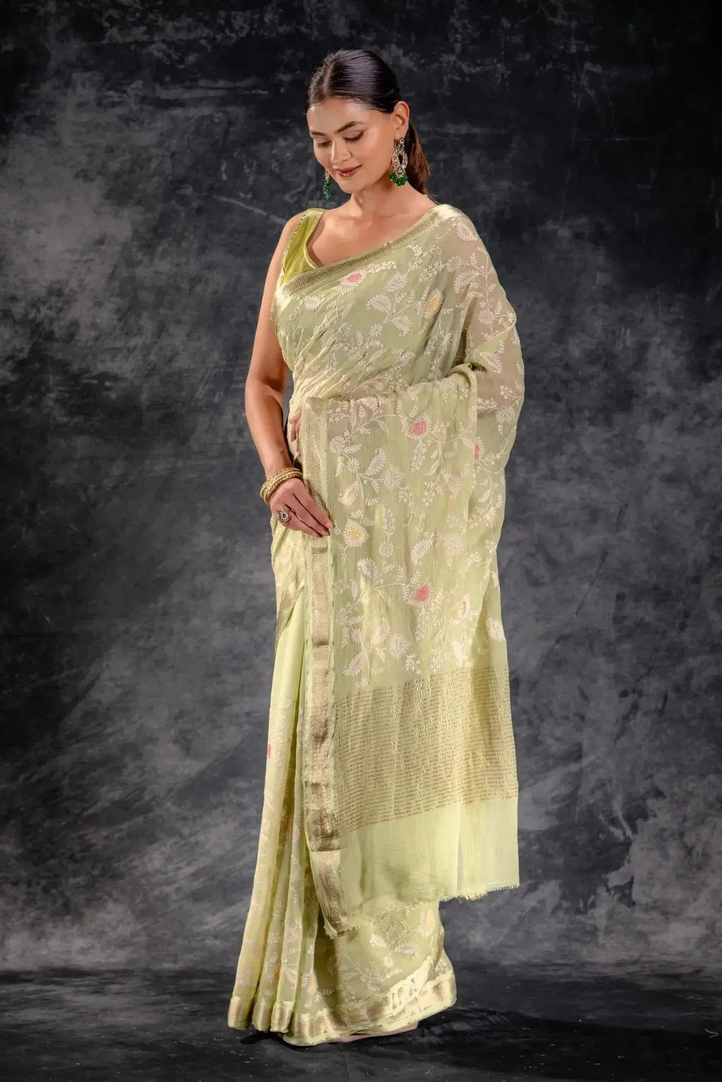 Green Chiffon Silk Saree with Embroidery that-saree-shop.myshopify.com