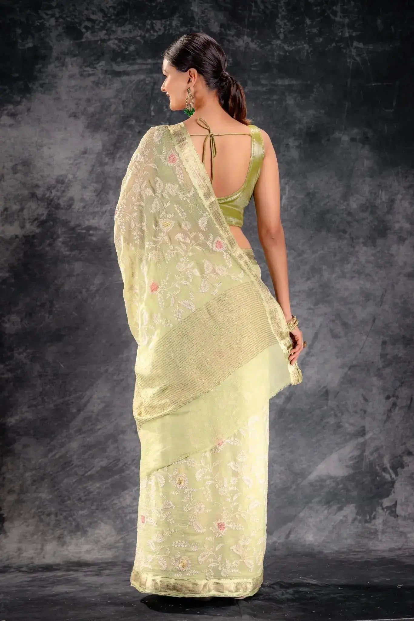 Green Chiffon Silk Saree with Embroidery that-saree-shop.myshopify.com