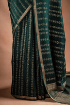 Green Crepe Silk Saree with Floral Zari Stripes that-saree-shop.myshopify.com
