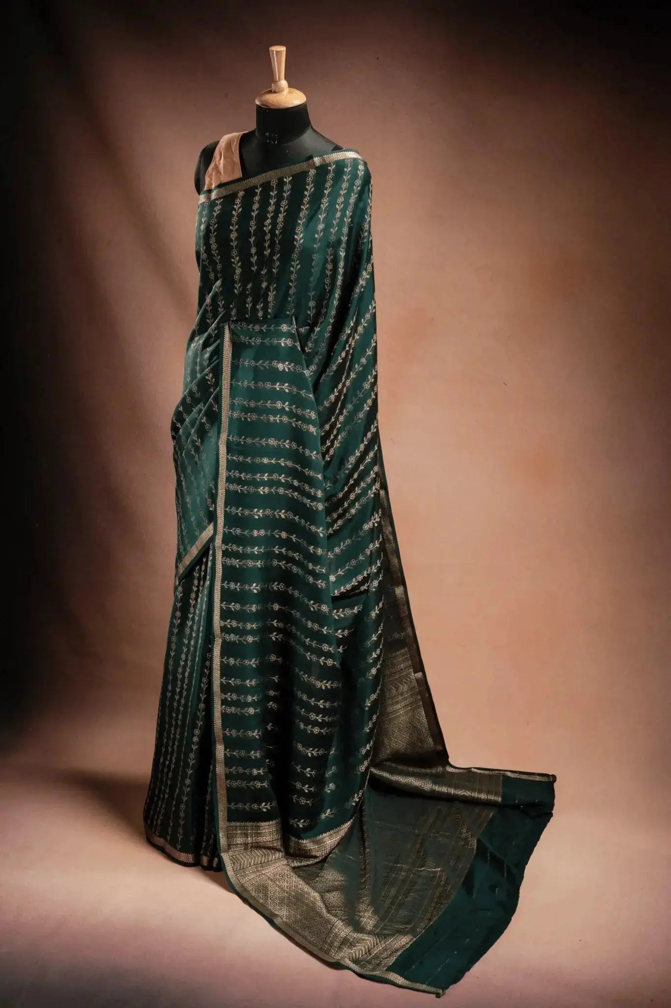 Green Crepe Silk Saree with Floral Zari Stripes that-saree-shop.myshopify.com