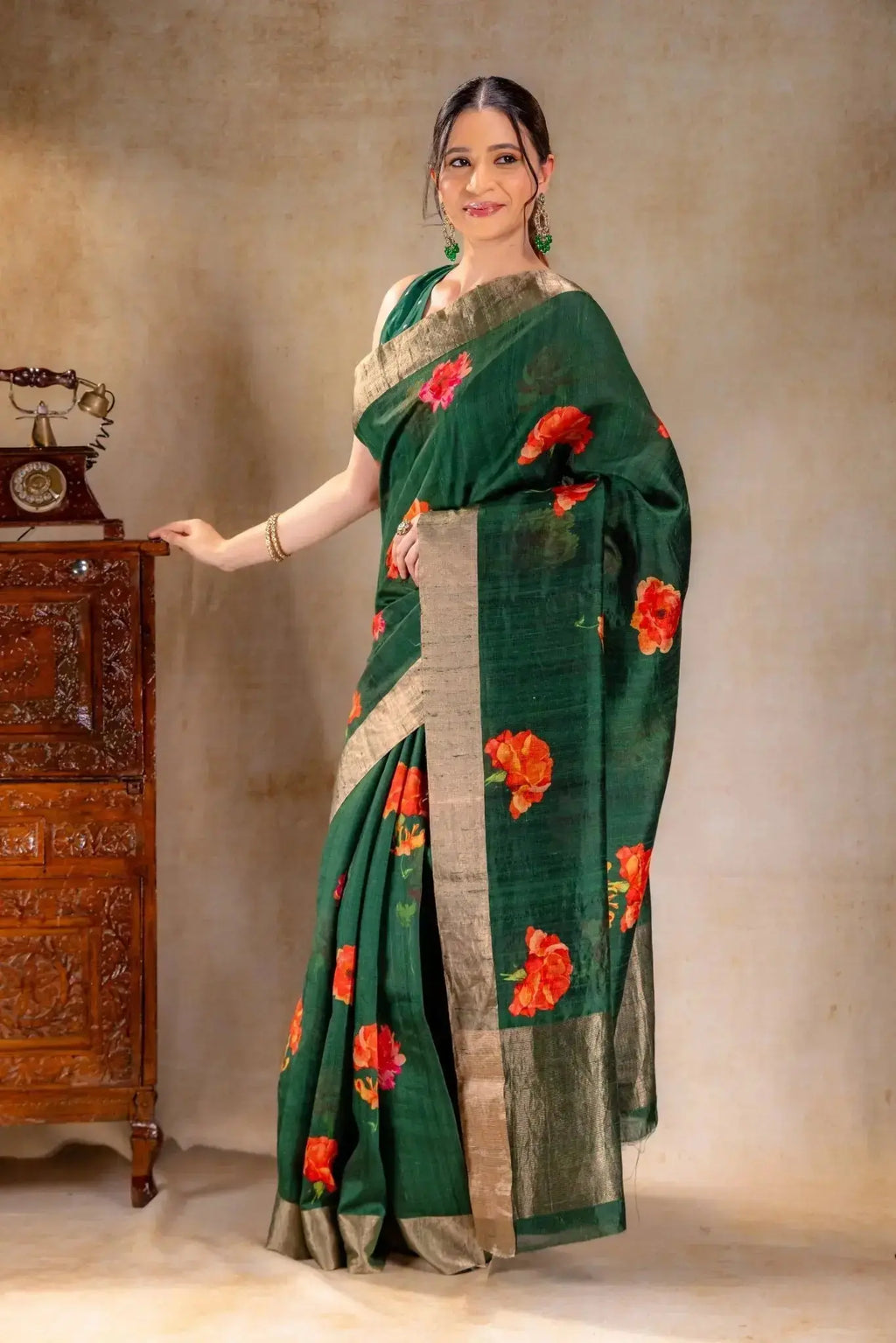 Green Printed Dupion Silk Saree that-saree-shop.myshopify.com