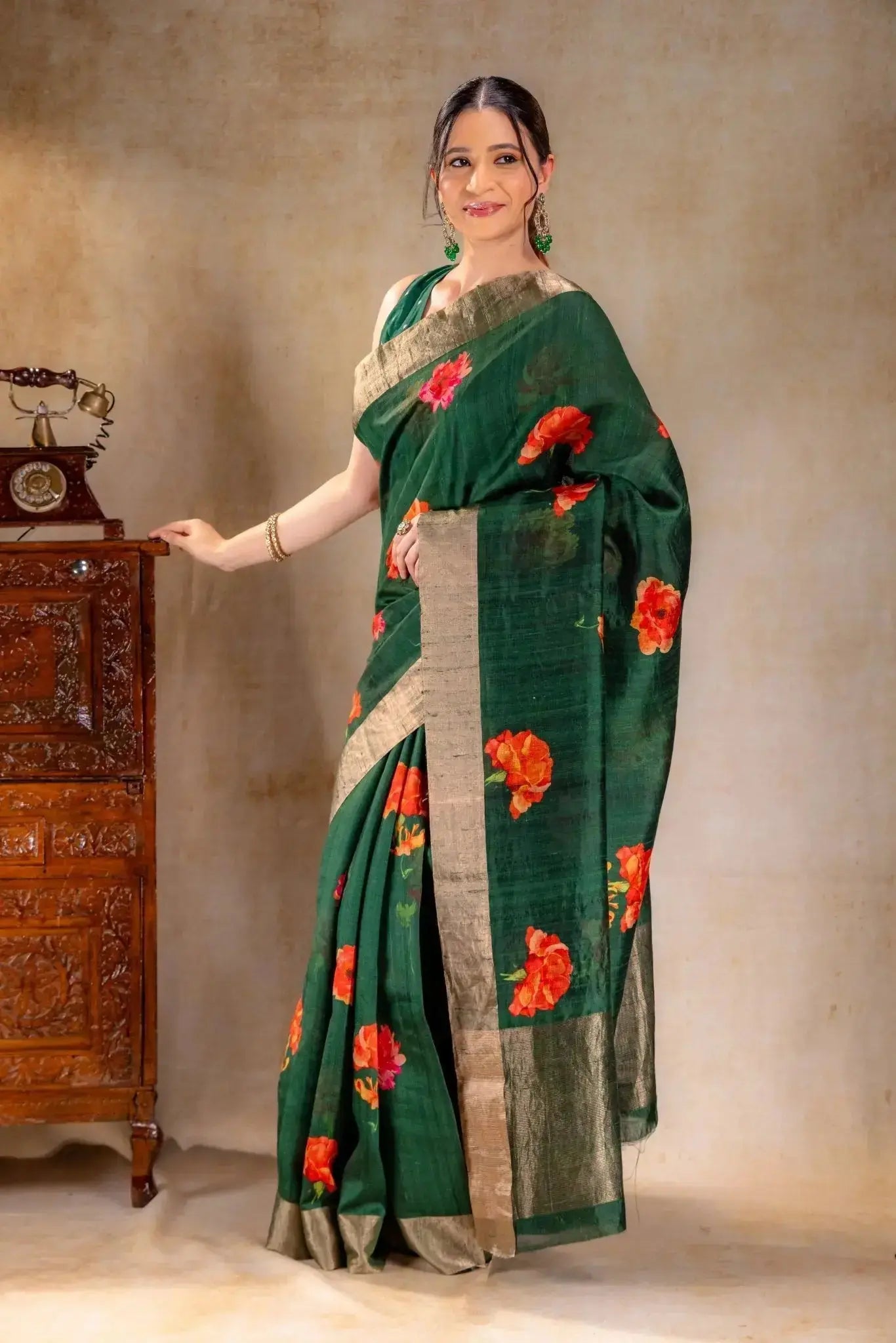 Green Printed Dupion Silk Saree that-saree-shop.myshopify.com