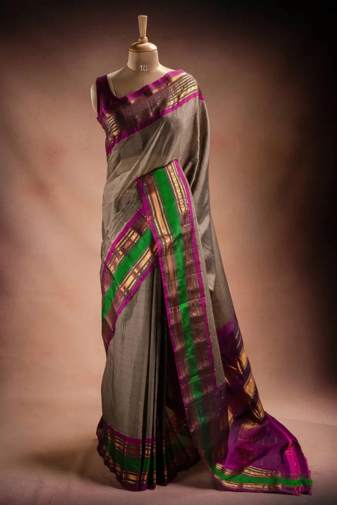 Grey Gadwal Cotton Mix Saree with Green & Purple Border that-saree-shop.myshopify.com