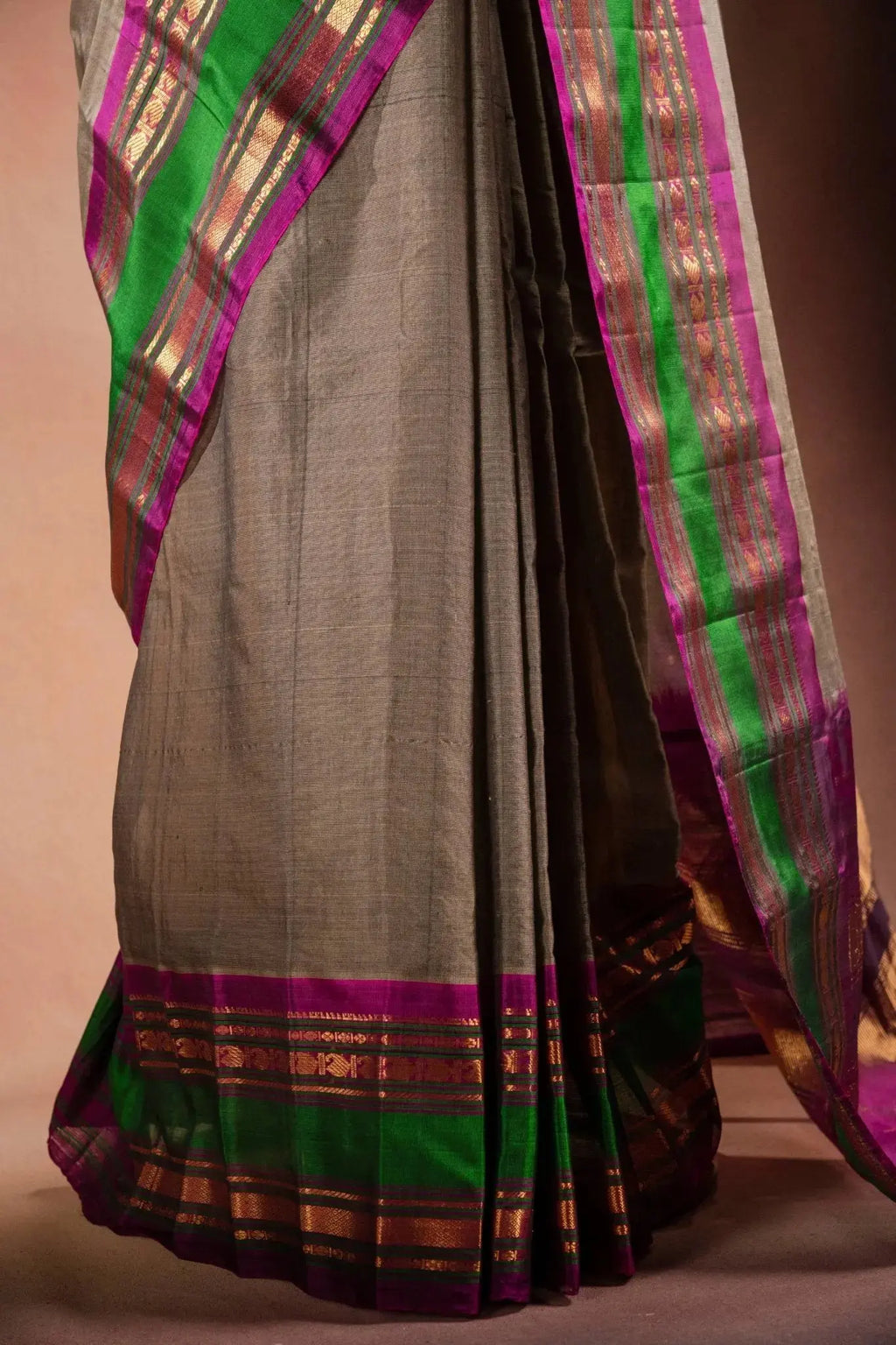 Grey Gadwal Cotton Mix Saree with Green & Purple Border that-saree-shop.myshopify.com