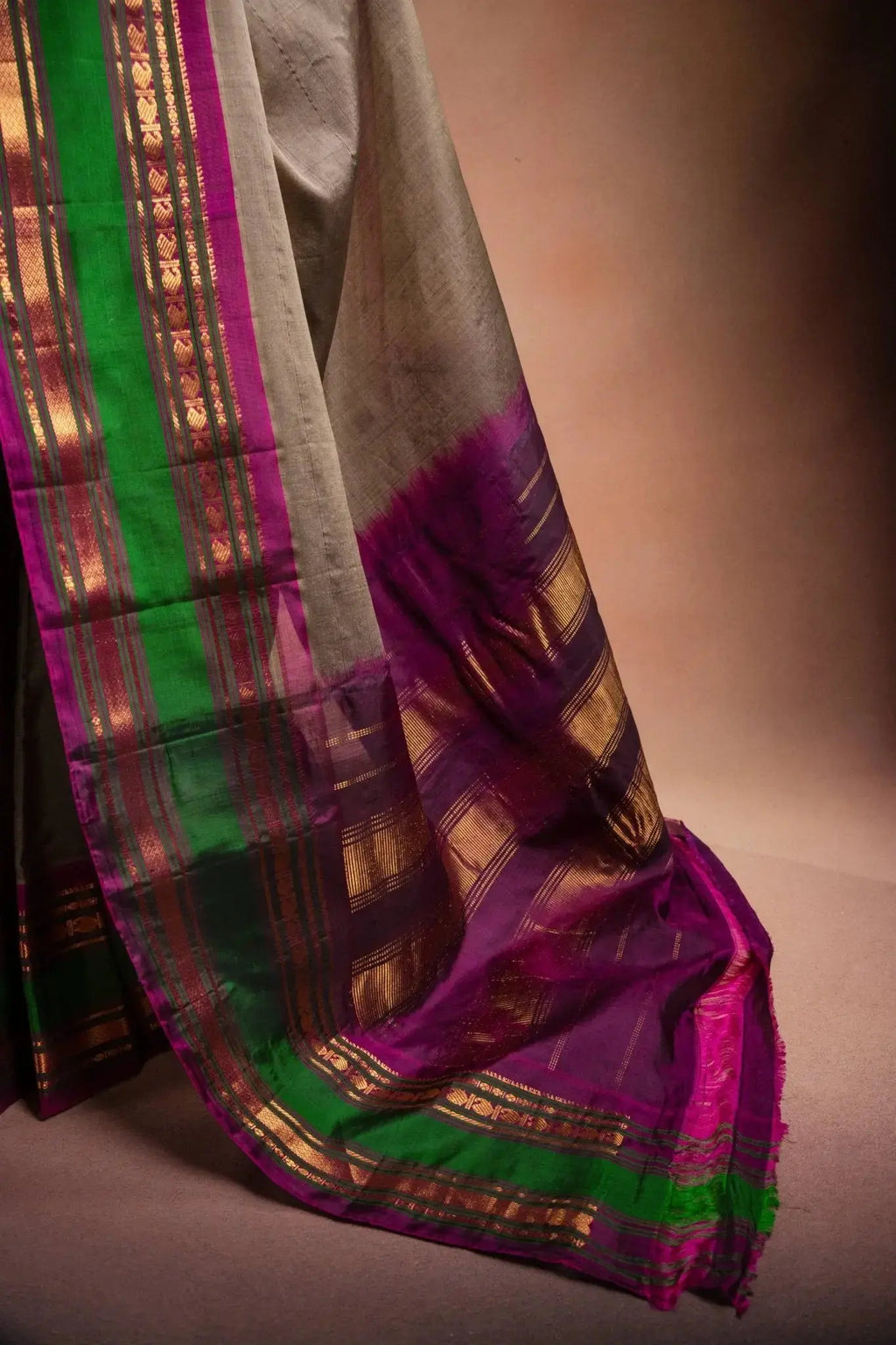 Grey Gadwal Cotton Mix Saree with Green & Purple Border that-saree-shop.myshopify.com