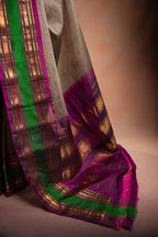 Grey Gadwal Cotton Mix Saree with Green & Purple Border that-saree-shop.myshopify.com