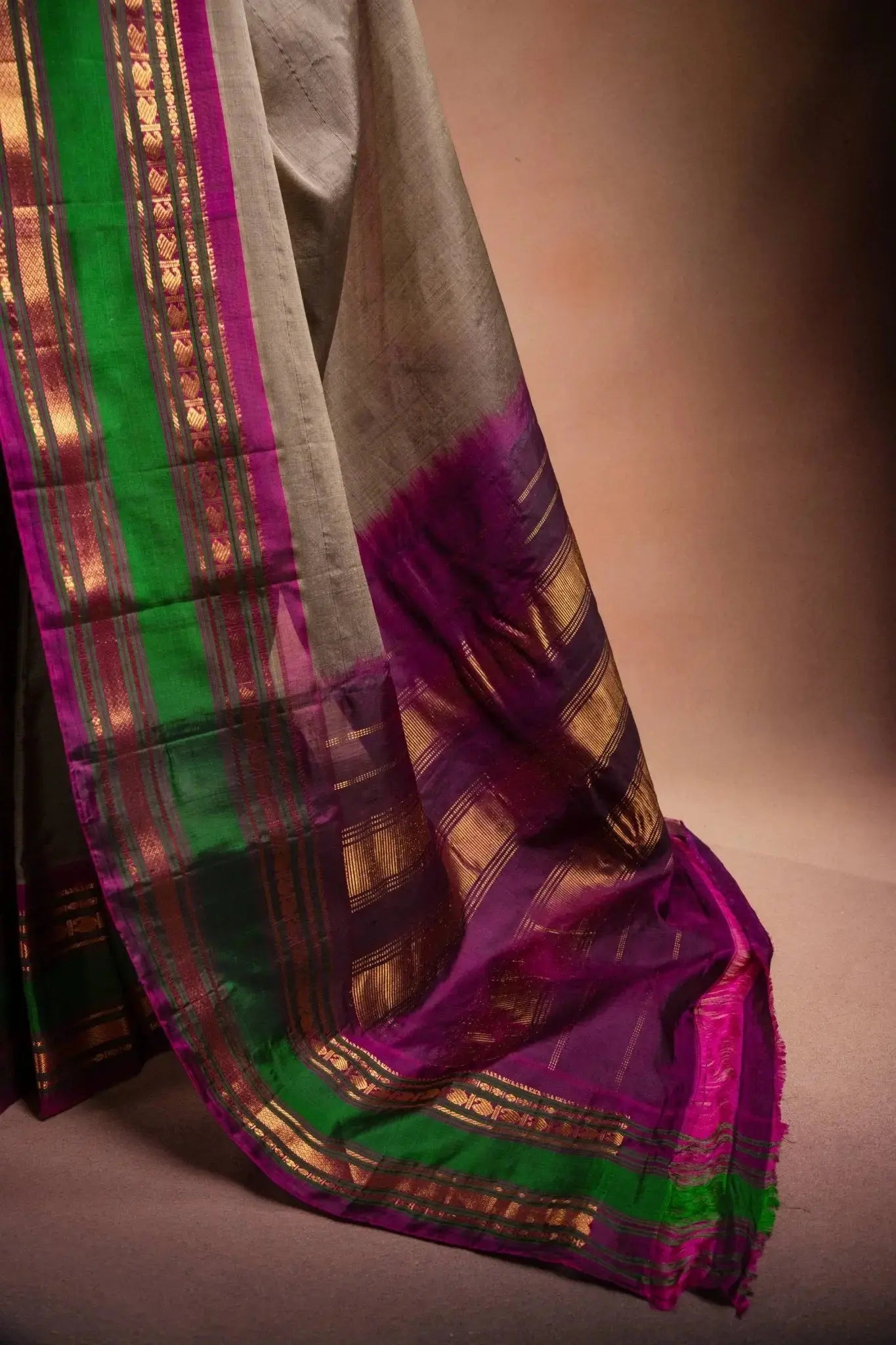 Grey Gadwal Cotton Mix Saree with Green & Purple Border that-saree-shop.myshopify.com