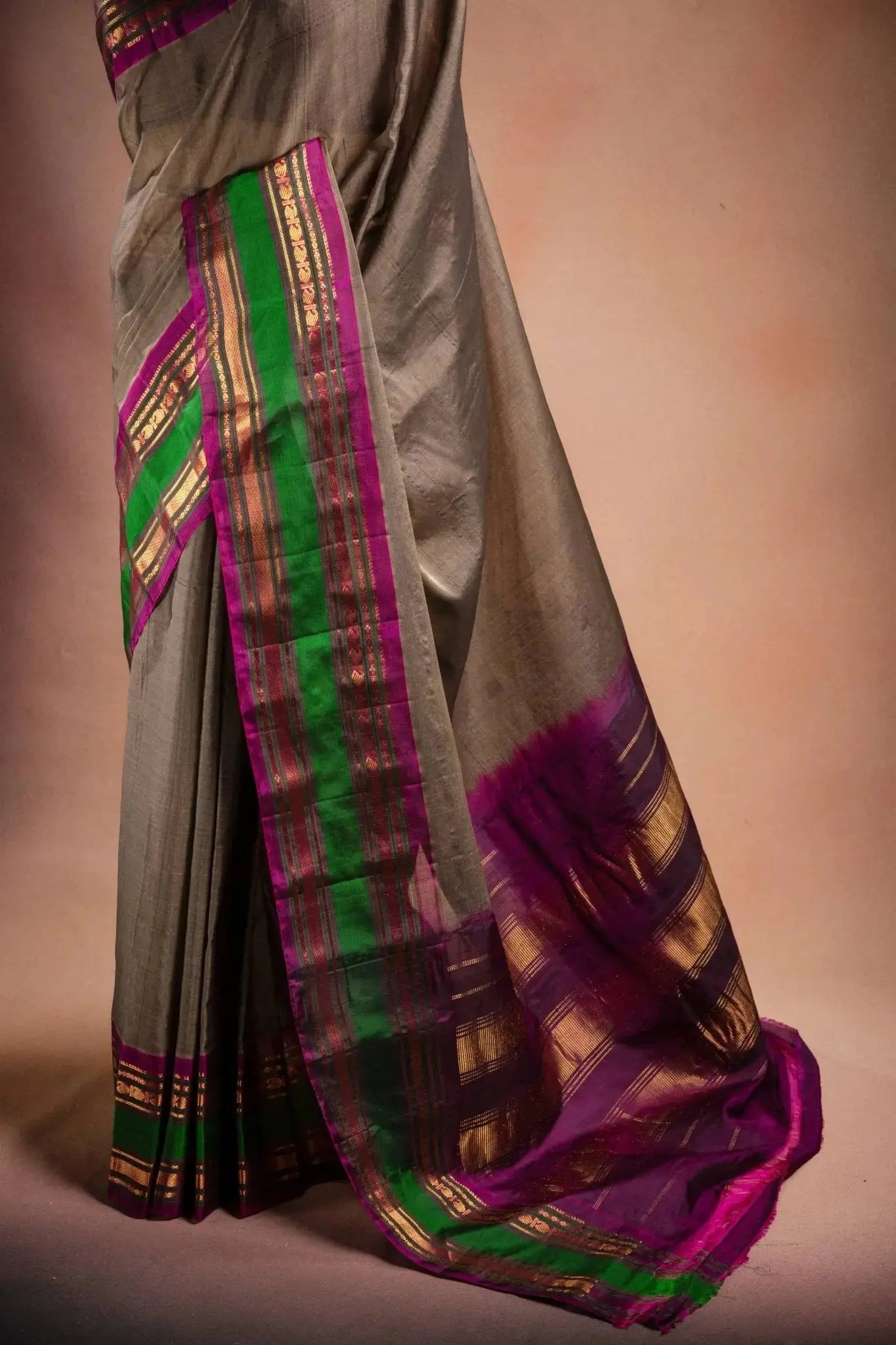 Grey Gadwal Cotton Mix Saree with Green & Purple Border that-saree-shop.myshopify.com