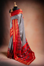 Grey Pochampally Silk Saree with Red Border that-saree-shop.myshopify.com
