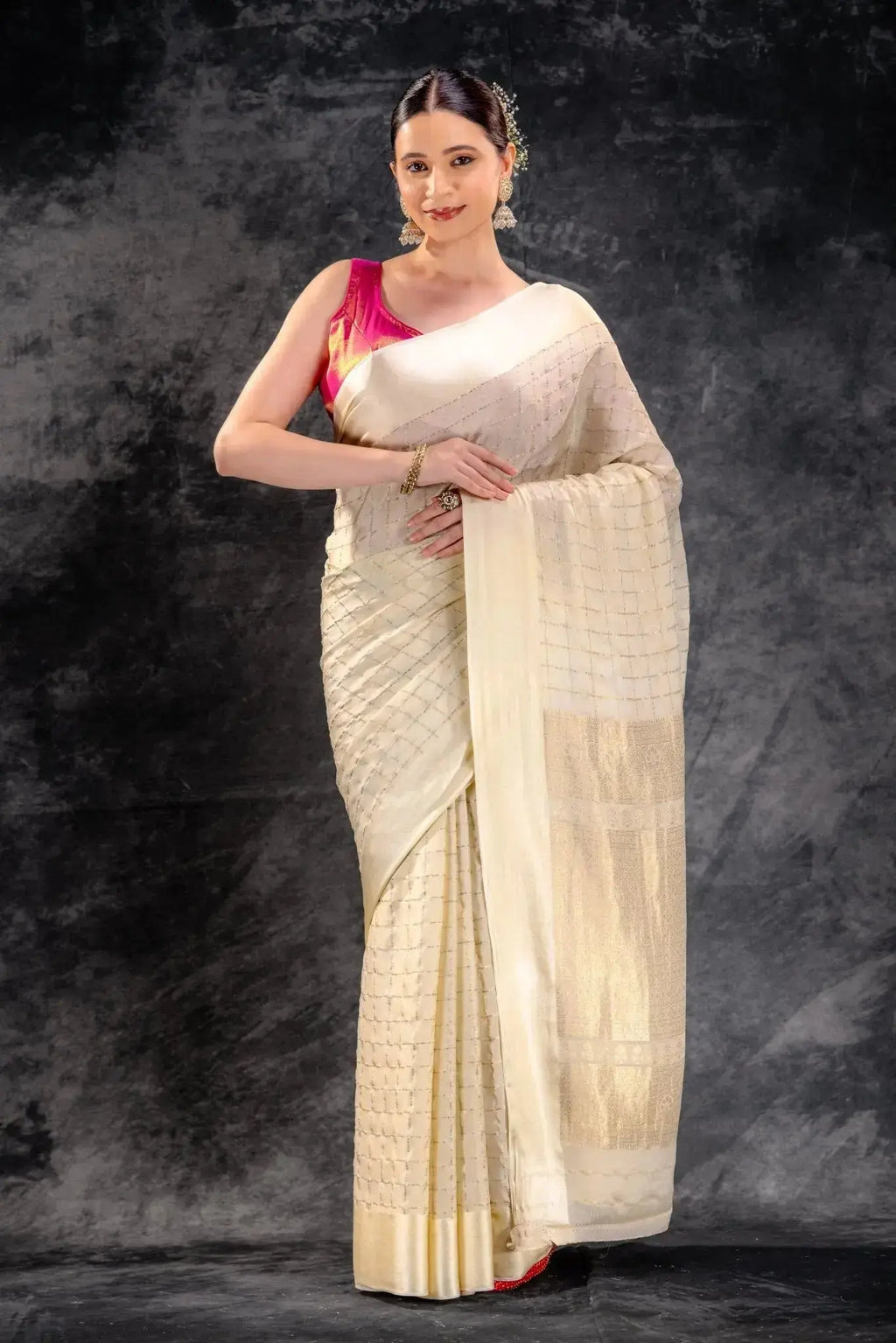 Ivory Cream Crepe Saree with Gold-Silver Check Lines with Satin Border that-saree-shop.myshopify.com