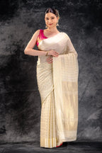 Ivory Cream Crepe Saree with Gold-Silver Check Lines with Satin Border that-saree-shop.myshopify.com