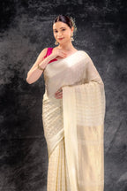 Ivory Cream Crepe Saree with Gold-Silver Check Lines with Satin Border that-saree-shop.myshopify.com