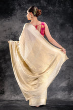 Ivory Cream Crepe Saree with Gold-Silver Check Lines with Satin Border that-saree-shop.myshopify.com