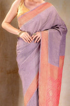 Lavender Crepe Silk Saree with Diagonal Zari Stripes and Contrast Border that-saree-shop.myshopify.com