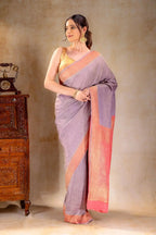 Lavender Crepe Silk Saree with Diagonal Zari Stripes and Contrast Border that-saree-shop.myshopify.com