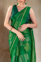 Leaf Green Crepe Silk Saree with Dual Zari Floral Boxes and Satin Border that-saree-shop.myshopify.com