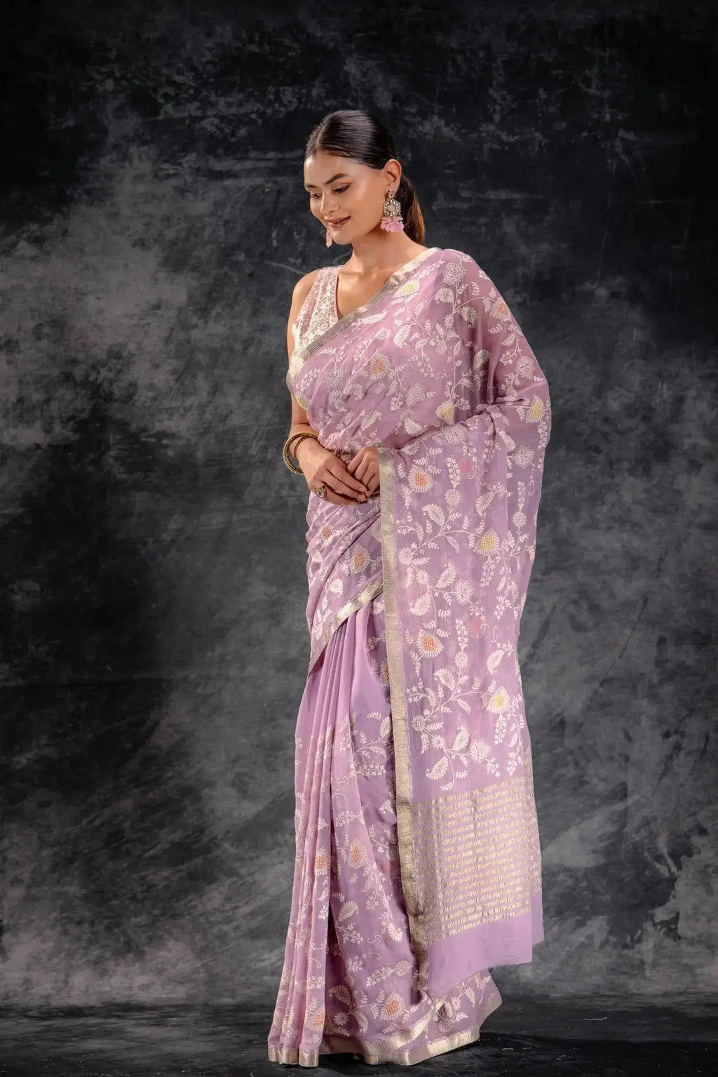 Lilac Chiffon Silk Saree with Embroidery that-saree-shop.myshopify.com