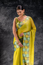 Lime Bloom Tissue Saree with Aqua-Gold Leaf Zari Border that-saree-shop.myshopify.com