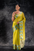 Lime Bloom Tissue Saree with Aqua-Gold Leaf Zari Border that-saree-shop.myshopify.com