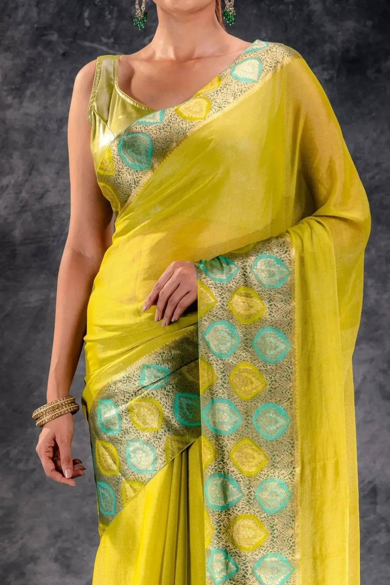 Lime Bloom Tissue Saree with Aqua-Gold Leaf Zari Border that-saree-shop.myshopify.com