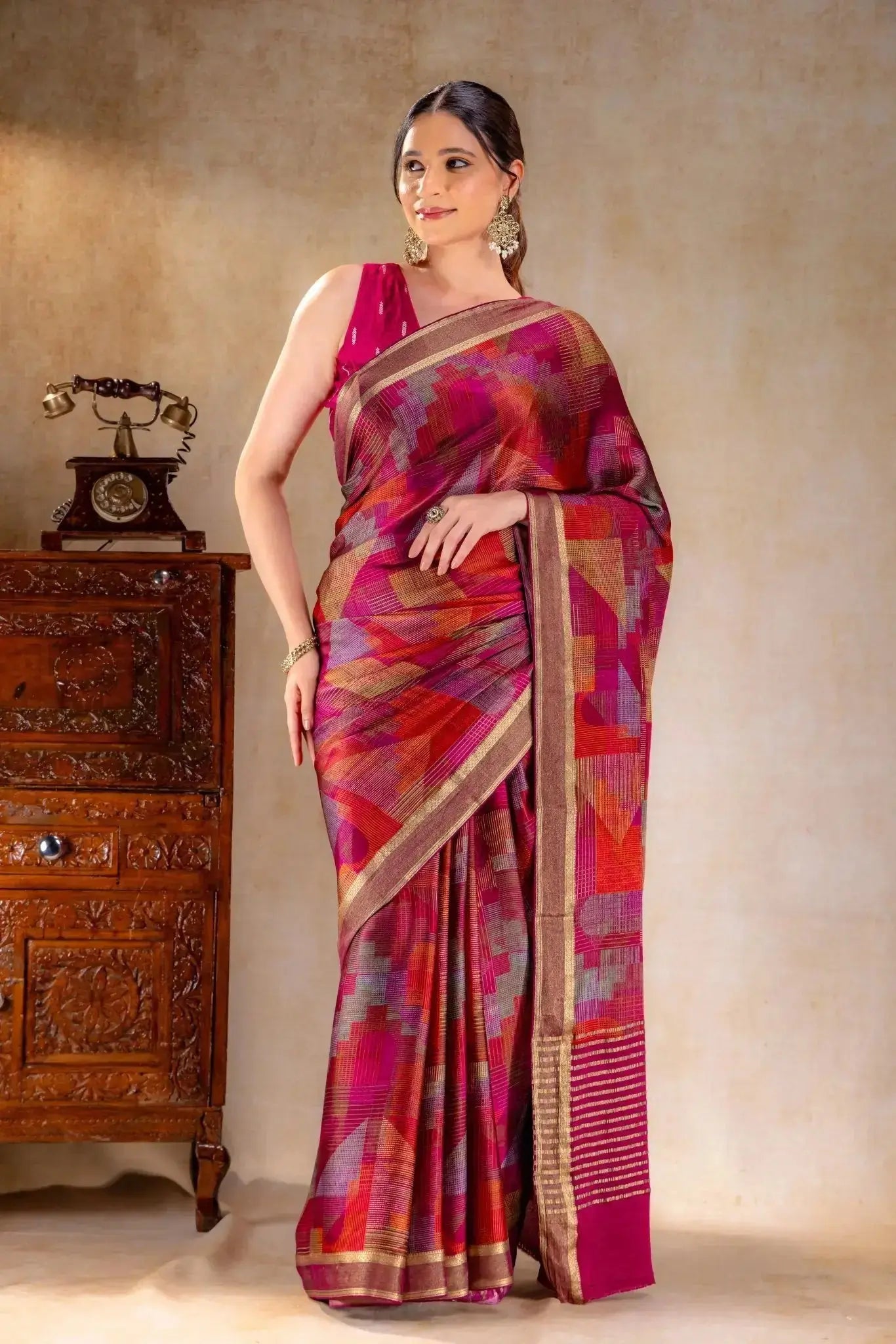 Magenta Printed Satin Silk Saree that-saree-shop.myshopify.com