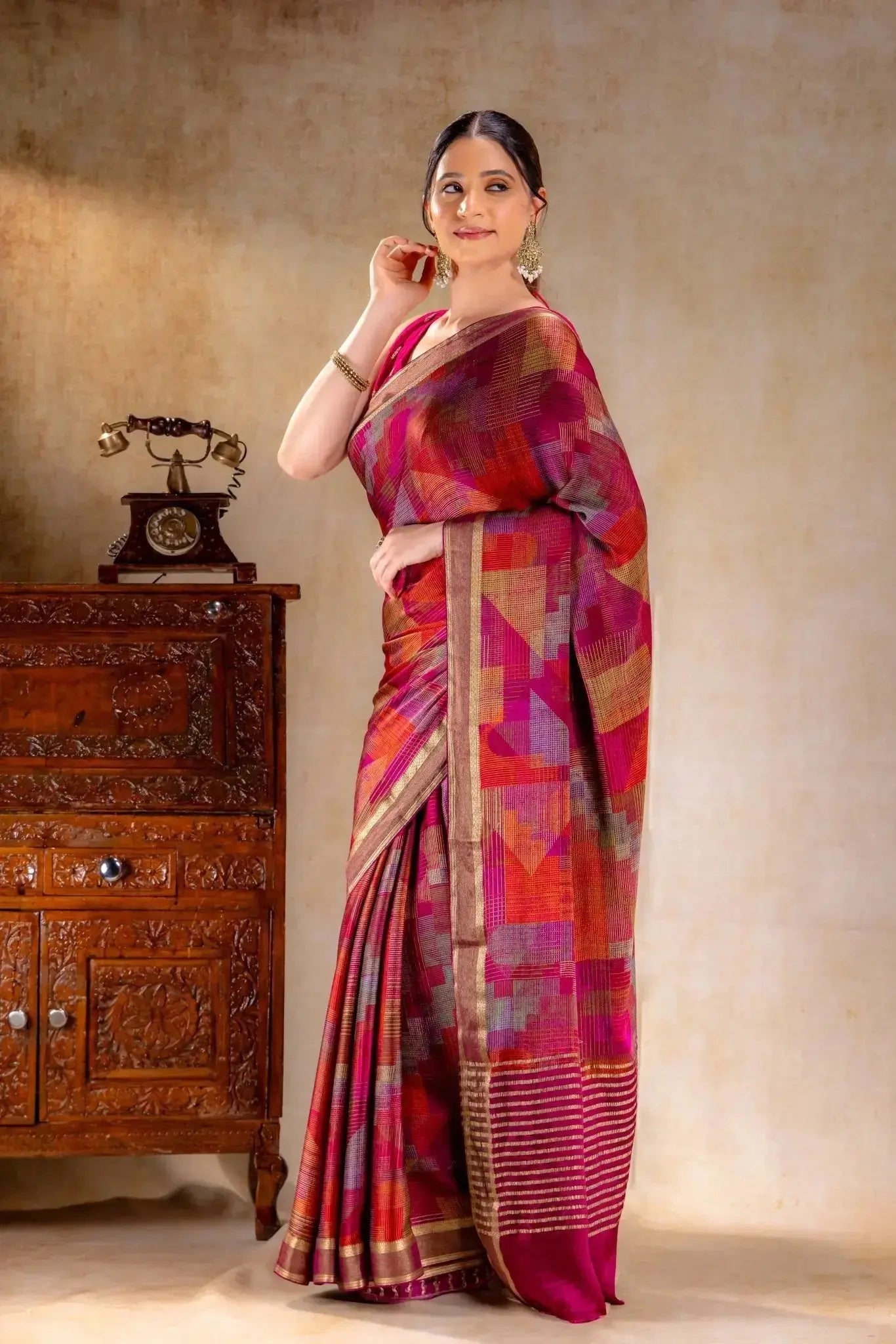 Magenta Printed Satin Silk Saree that-saree-shop.myshopify.com