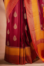 Maroon and Mustard Crepe Silk Saree with Contrast Border that-saree-shop.myshopify.com