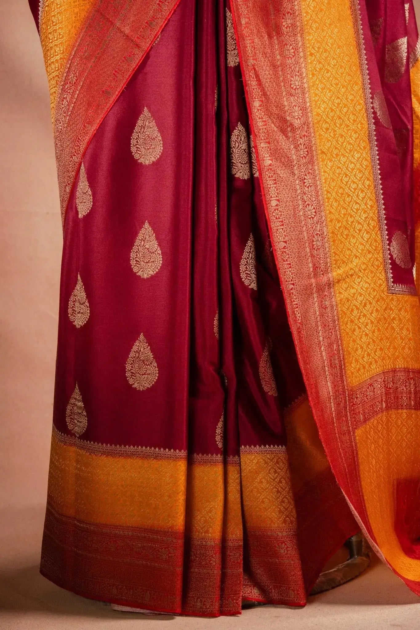 Maroon and Mustard Crepe Silk Saree with Contrast Border that-saree-shop.myshopify.com