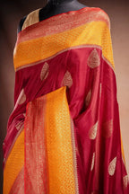 Maroon and Mustard Crepe Silk Saree with Contrast Border that-saree-shop.myshopify.com
