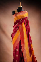 Maroon and Mustard Crepe Silk Saree with Contrast Border that-saree-shop.myshopify.com
