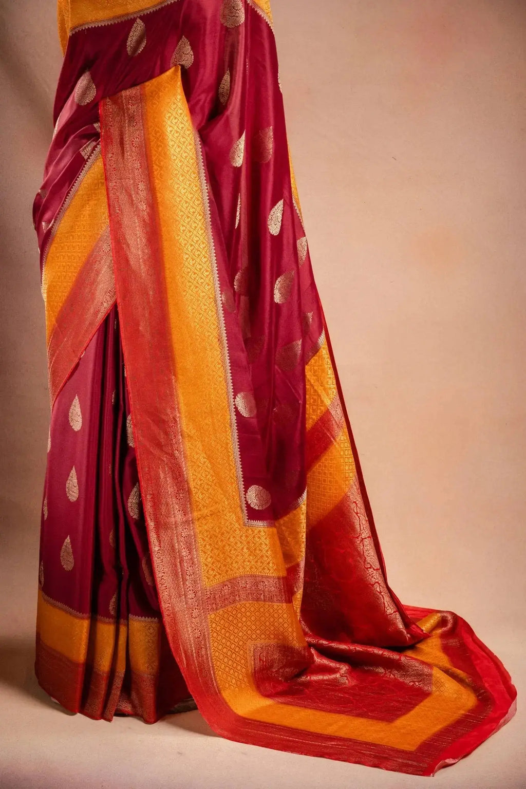 Maroon and Mustard Crepe Silk Saree with Contrast Border that-saree-shop.myshopify.com