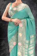 Meadow Green Georgette Saree with Zari Buttas and Embroidered Border that-saree-shop.myshopify.com