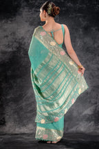 Meadow Green Georgette Saree with Zari Buttas and Embroidered Border that-saree-shop.myshopify.com