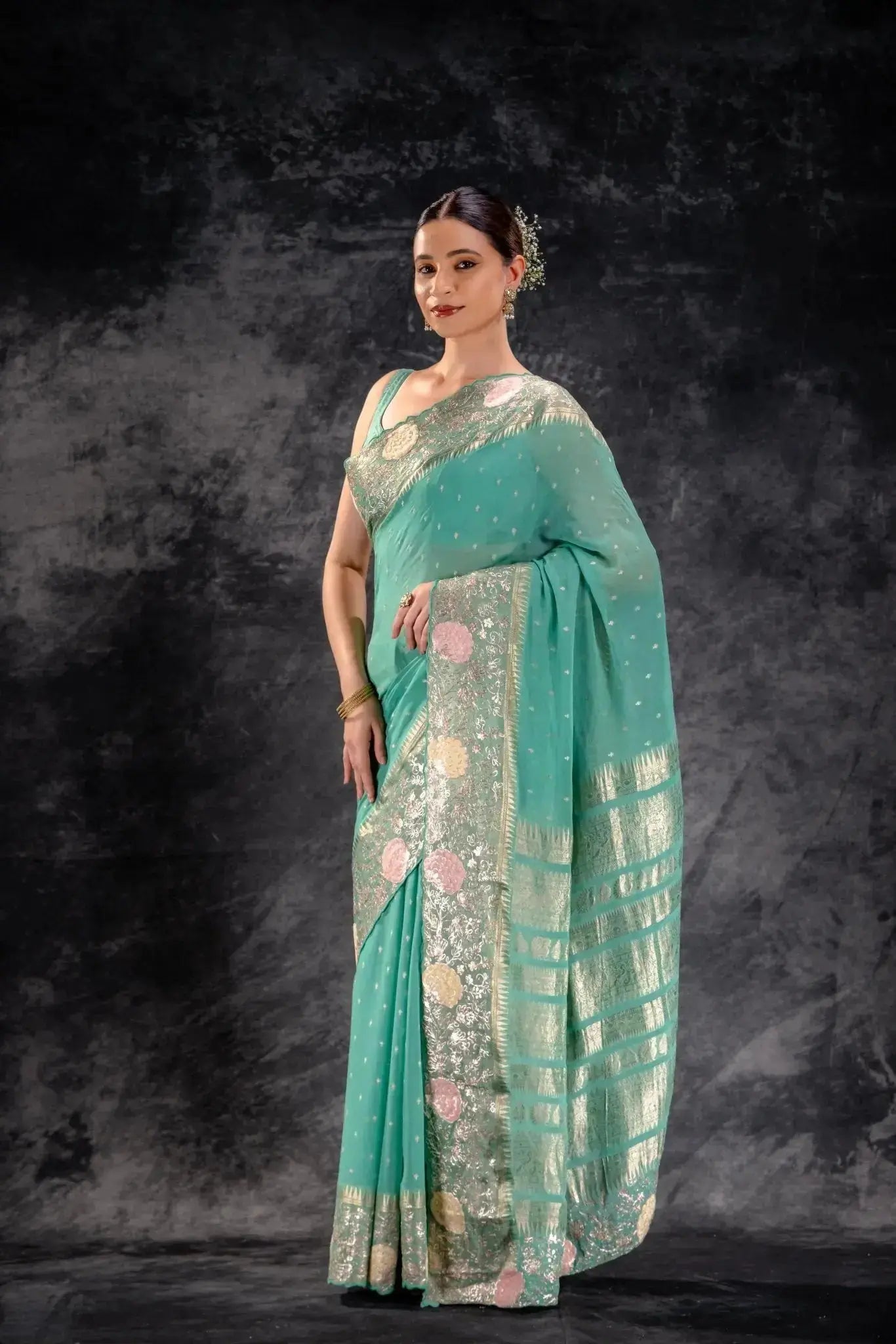 Meadow Green Georgette Saree with Zari Buttas and Embroidered Border that-saree-shop.myshopify.com