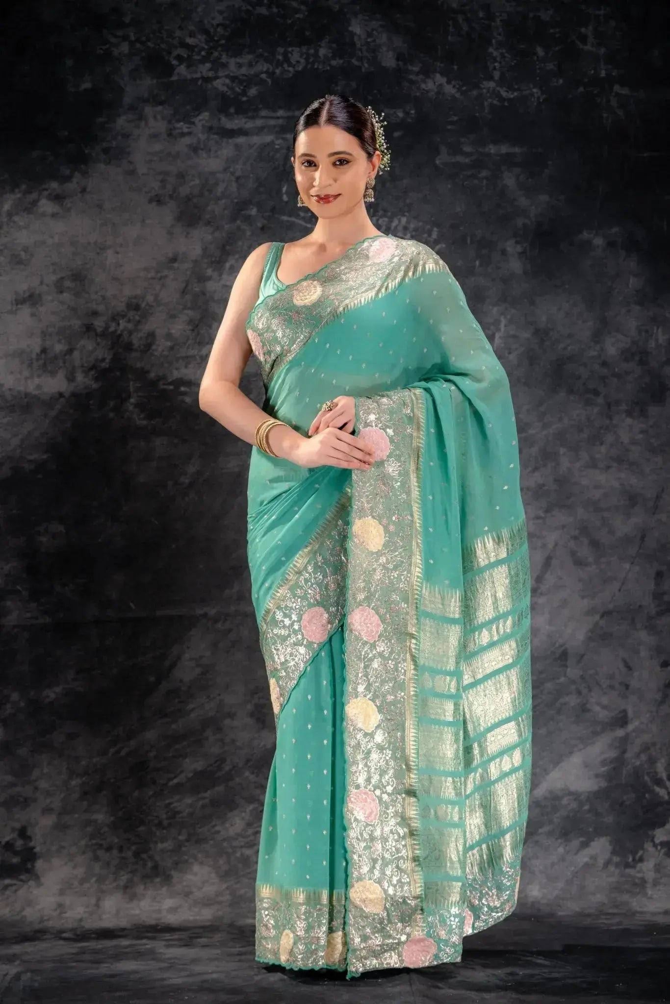 Meadow Green Georgette Saree with Zari Buttas and Embroidered Border that-saree-shop.myshopify.com