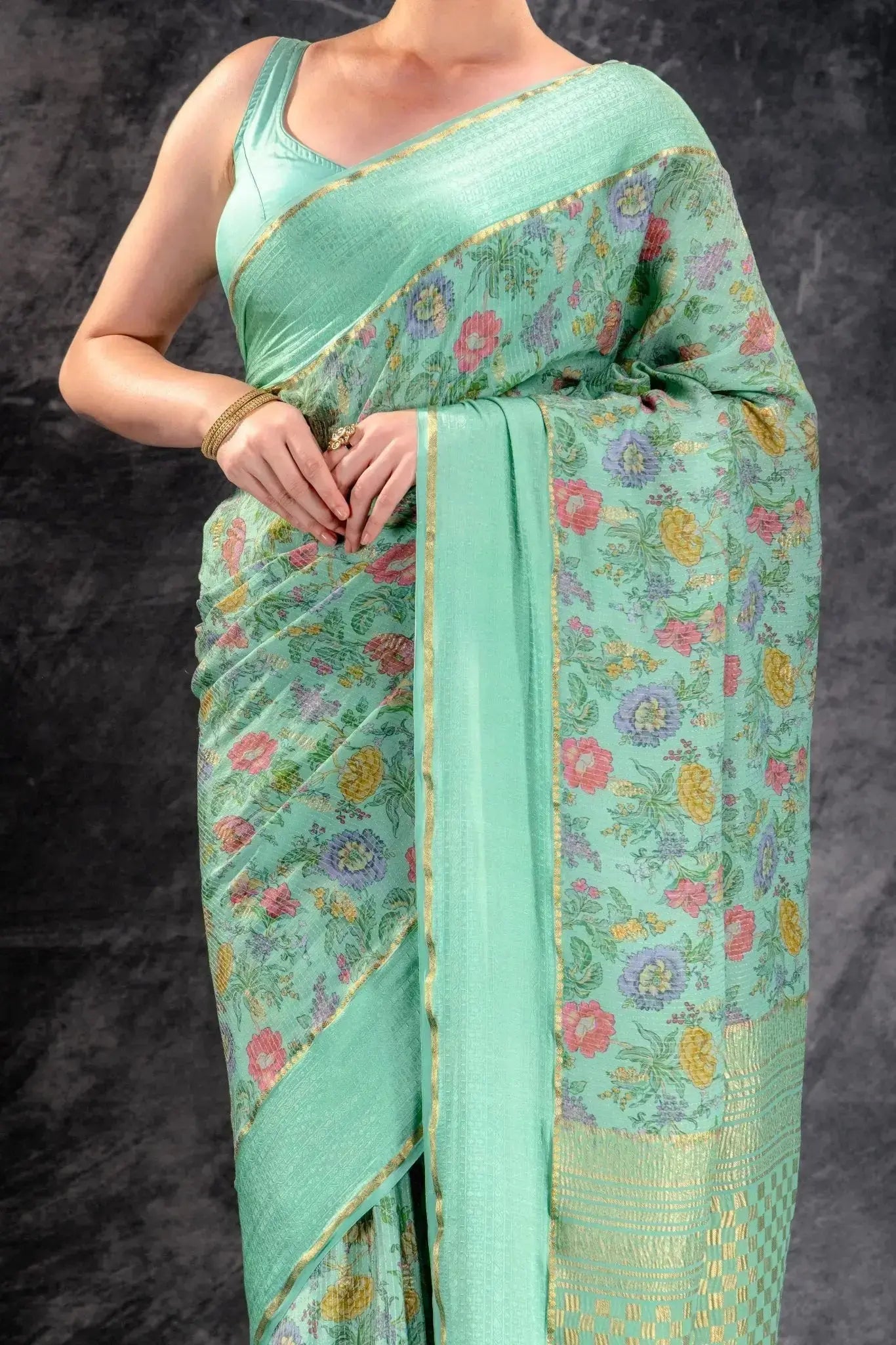 Mint Green Printed Crepe Silk Saree that-saree-shop.myshopify.com
