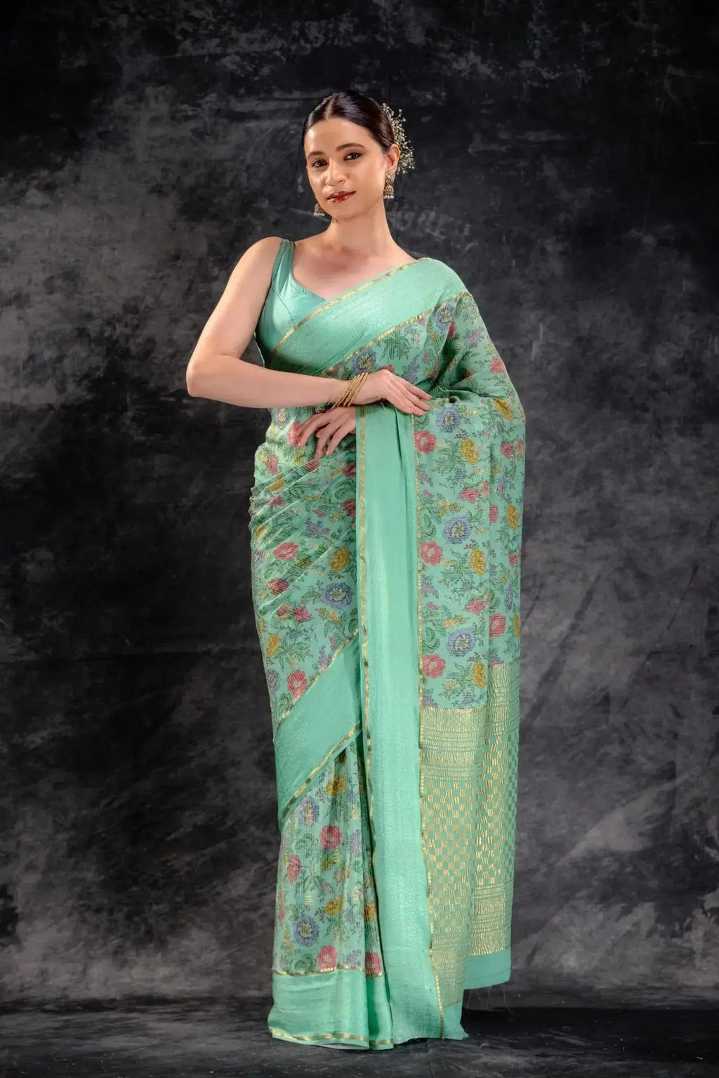Mint Green Printed Crepe Silk Saree that-saree-shop.myshopify.com