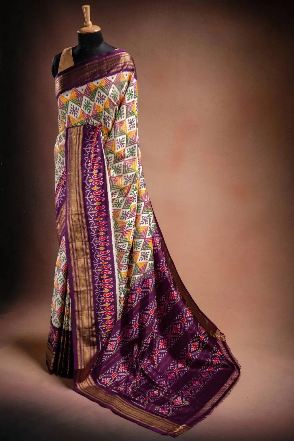 Multicolor Pochampally Saree with Purple Border that-saree-shop.myshopify.com