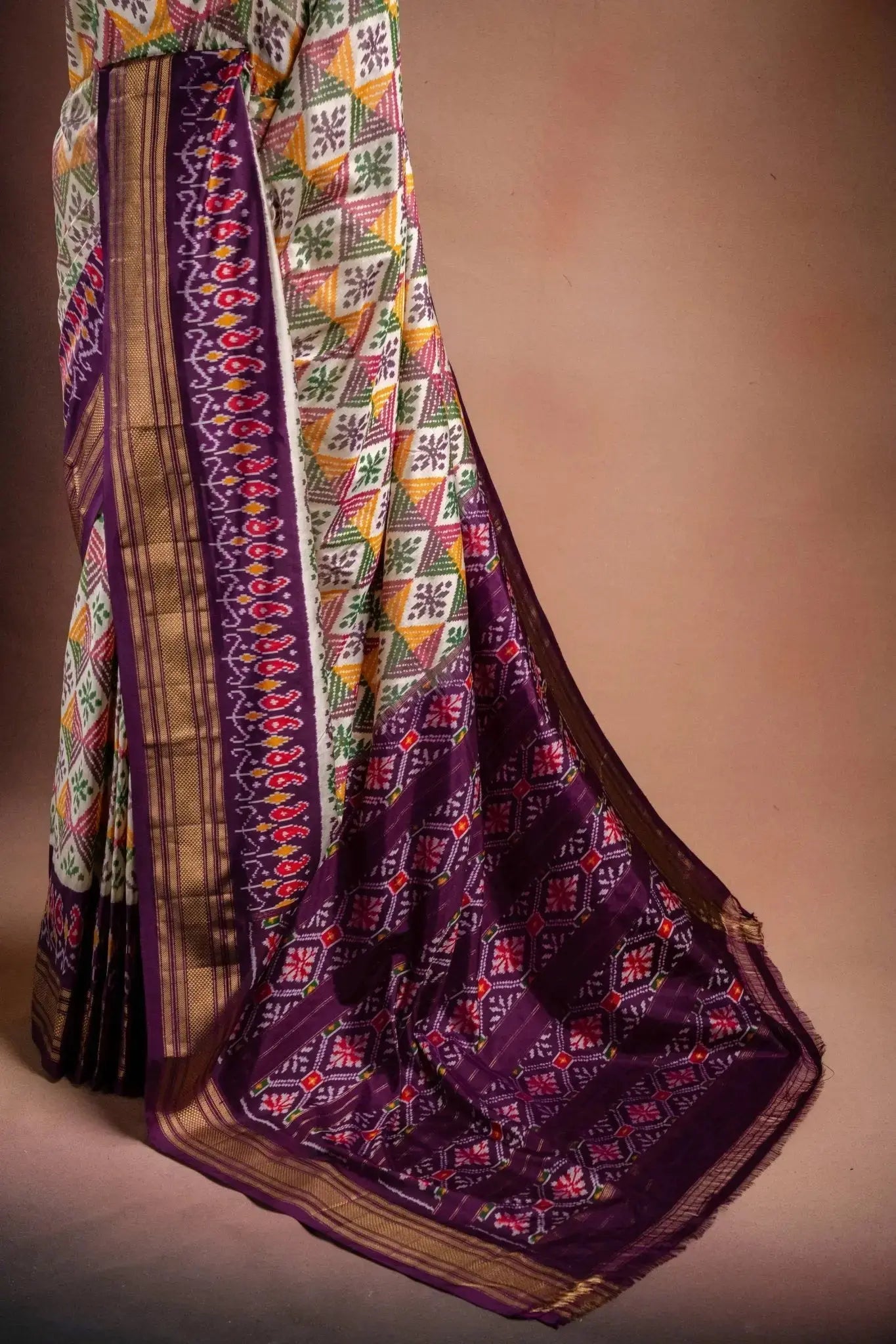 Multicolor Pochampally Saree with Purple Border that-saree-shop.myshopify.com
