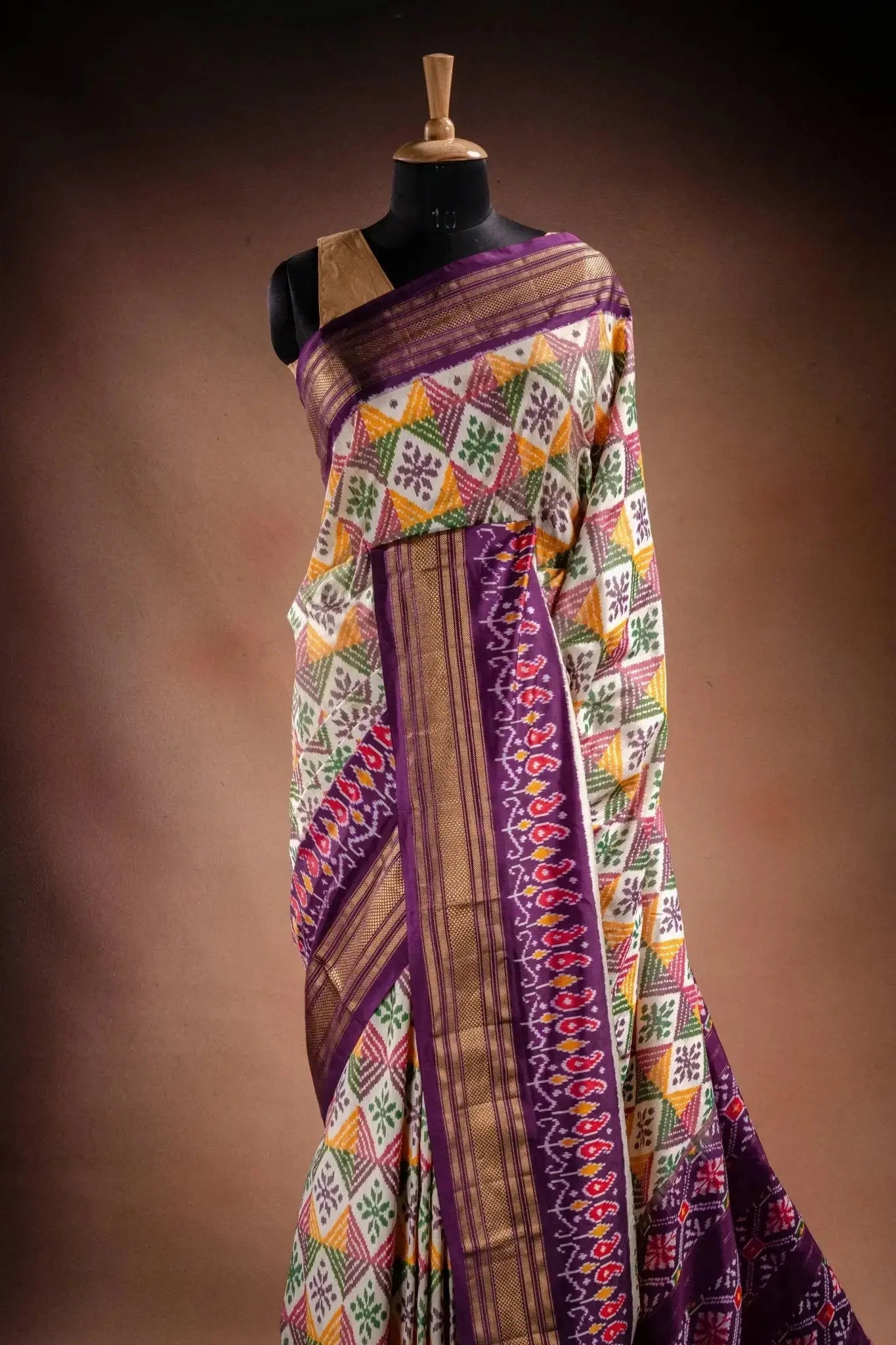 Multicolor Pochampally Saree with Purple Border that-saree-shop.myshopify.com