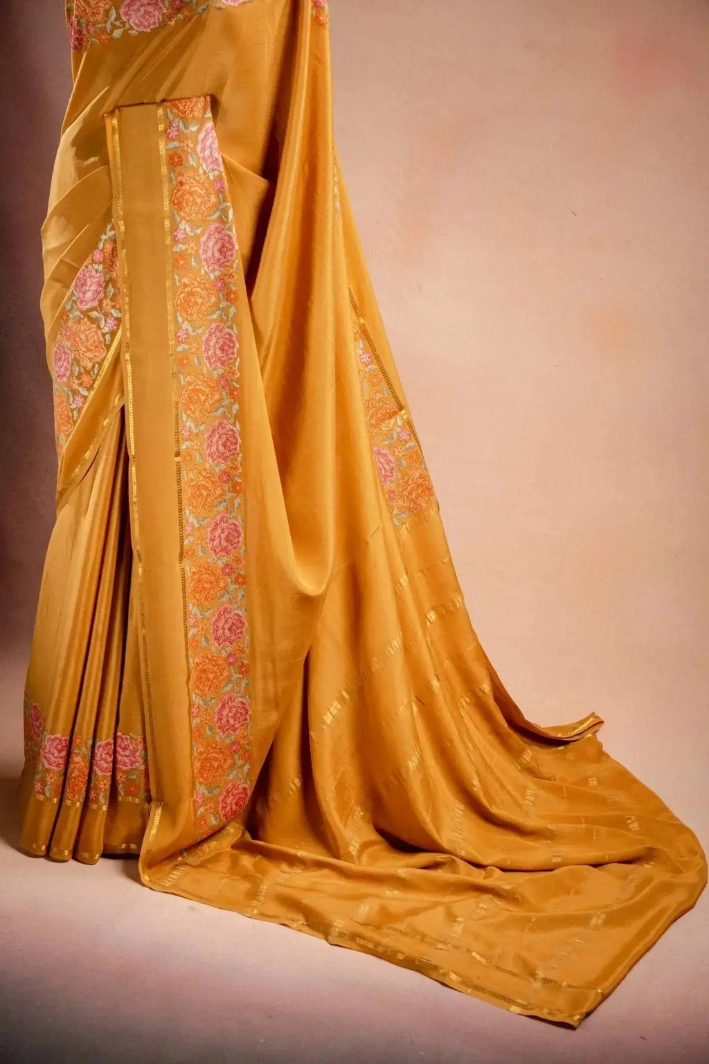 Mustard Crepe Saree with Floral Embroidery Border that-saree-shop.myshopify.com